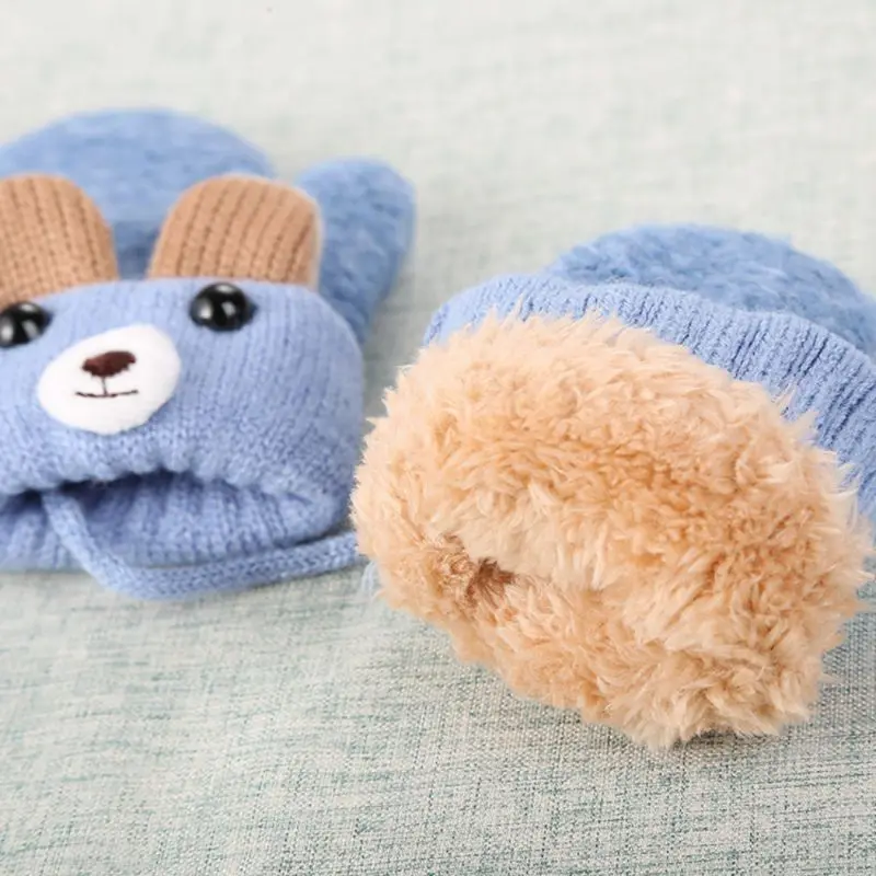 

Winter Warm Knitted Gloves Cute Cartoon Bear Baby Gloves Wool Plus Thick Full Rope Finger Mittens