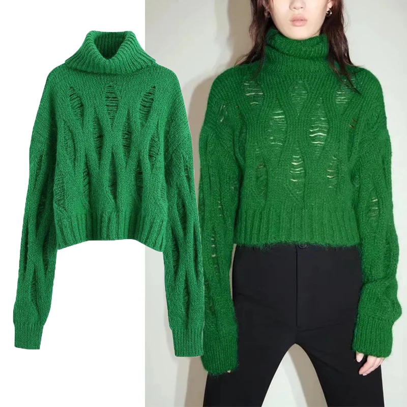 

ZA Autumn Winter Women Hollow Out Sweater 2021 Solid Turtleneck Long Sleeve Pullover Sweater Warm Loose Casual Soft Streetwear