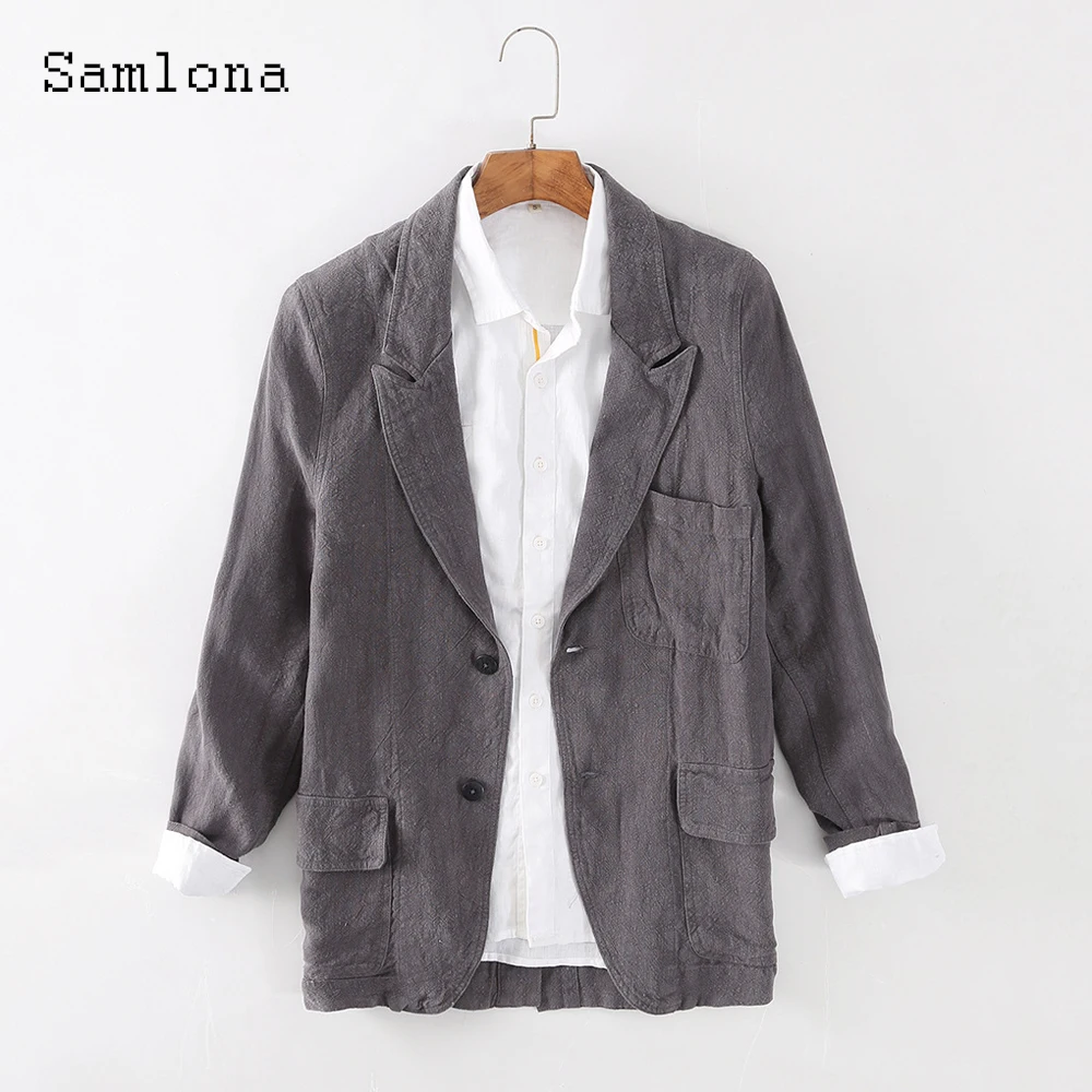

Men Solid Linen Blazers Lapel Collar Jacket Single Breasted Top Outerwear Autumn Pocket Design Casual Blazers Mens Clothing 2021