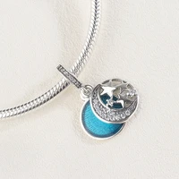 925 sterling silver blue enamel cz inlaid with zircon moon star beads pendant charm bracelet jewelry making for original pandora