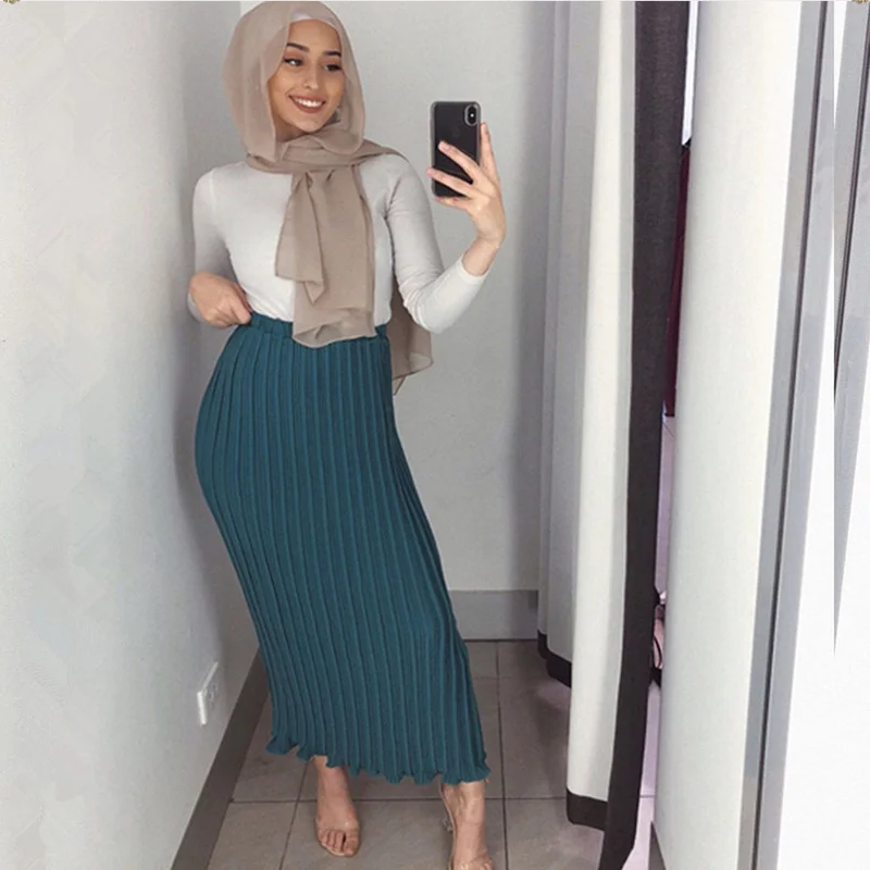 

Muslim Elegant Pleated Skirt Chiffon Turkish Half Skirt Fashionable Women High Waist Button Evening Long Maxi Islamic Clothing