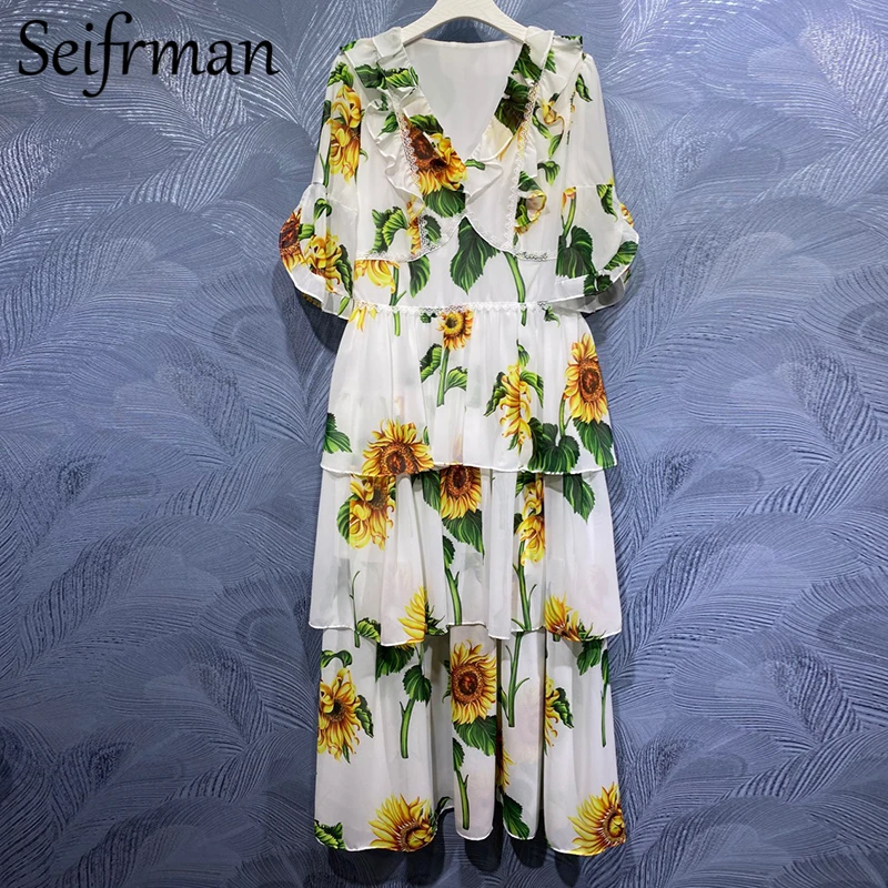 

Seifrmann New 2021 Summer Women Fashion Designer Holiday Long Dress Sexy V-Neck Ruffles Lace High Waist Floral Printed Dresses
