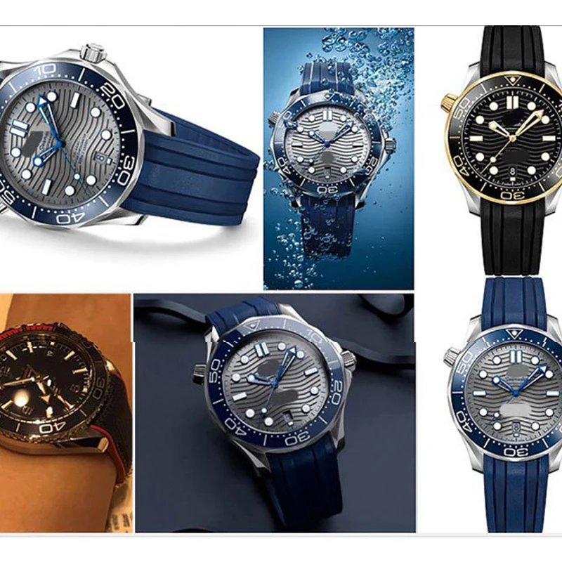 20mm Watch strap Replacement for Omega Seamaster 300 Curved End Fluorous Rubber silicone watchband Stainless steel buckle