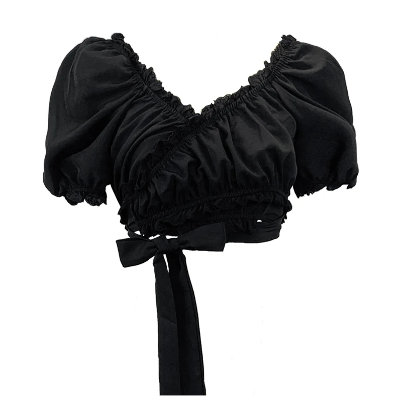 

Women's Summer Blouses 2021 Puff Sleeve Ruffle Hem Crop Top Female Clothing Chic Tie Waist Tube Top Elegant Shirt Y2k Streetwear