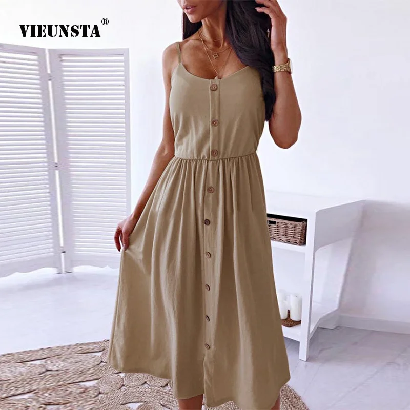 Женское платье без рукавов сексуальное женское Повседневное на пуговицах для