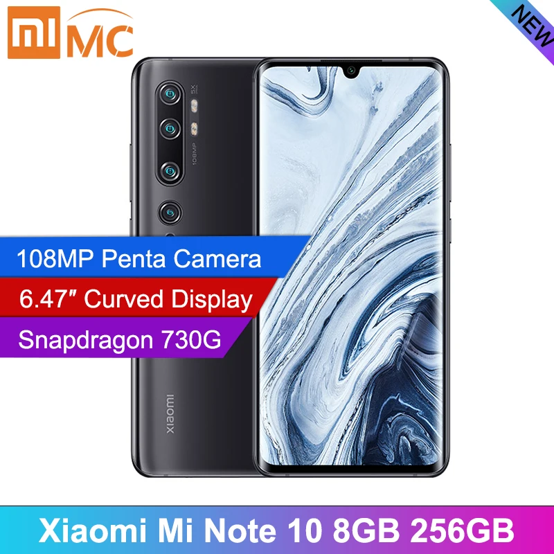 Оригинальный Xiaomi Mi Note 10 8GB 256GB 6 47 ''изогнутый дисплей 730 МП камера Смартфон Snapdragon
