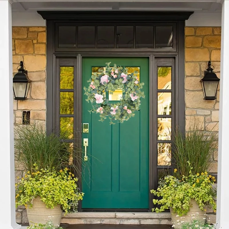 

Rose Flower Eucalyptus Wreath Handmade Artificial Garland Front Door Wall Decor H051