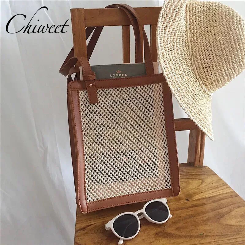 Женская соломенная сумка из ПУ кожи дизайнерская плетеная Сетчатая Сумка на