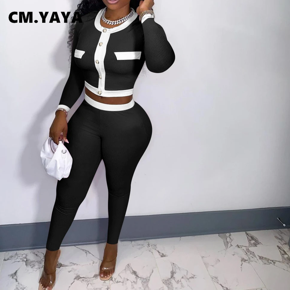

Женский трикотажный комплект одежды CM.YAYA из двух предметов в стиле пэчворк, элегантный свитер и брюки, подходящий комплект, осенне-зимний сп...