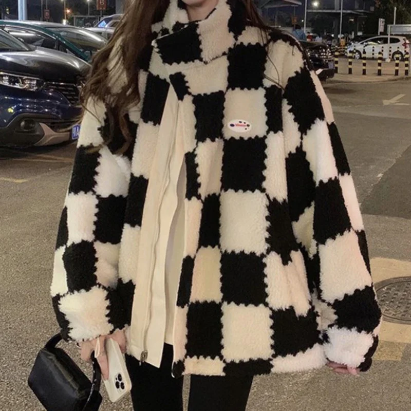 

Утепленная хлопковая куртка из искусственной овечьей шерсти, новинка зимы 2021, дизайнерская хлопковая куртка в клетку, Женская хлопковая ку...