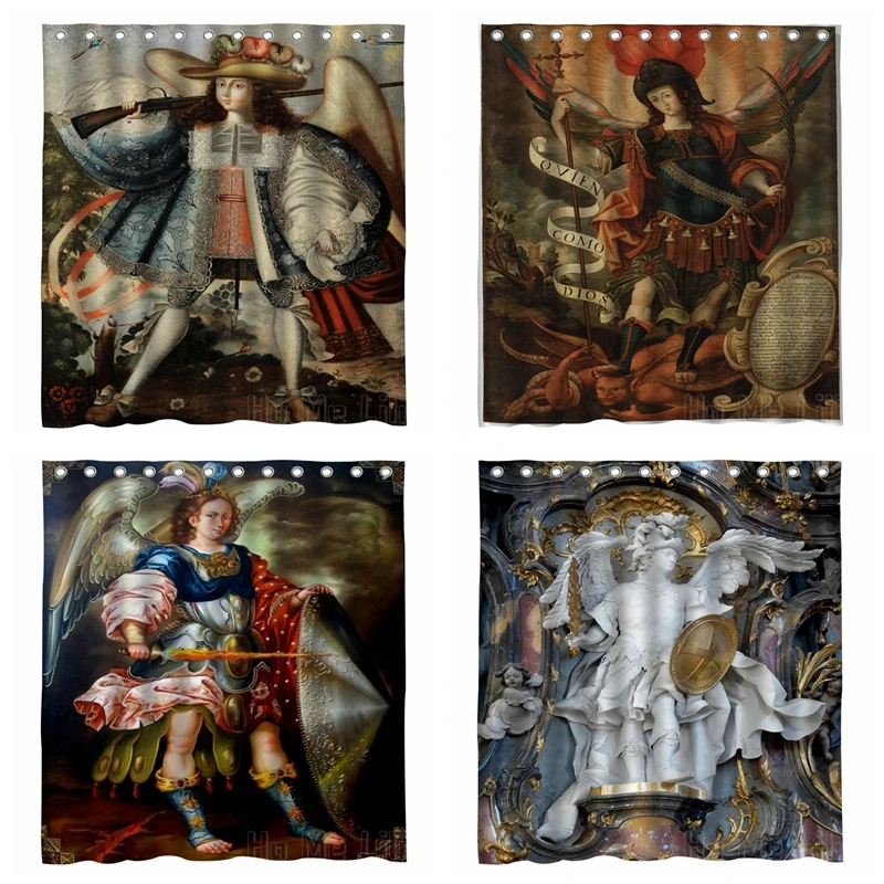 

Spanish Colonial Art Shower Curtain Religious Baroque Painting Angel Archangel Altar Prayer Laminated Celestial Images