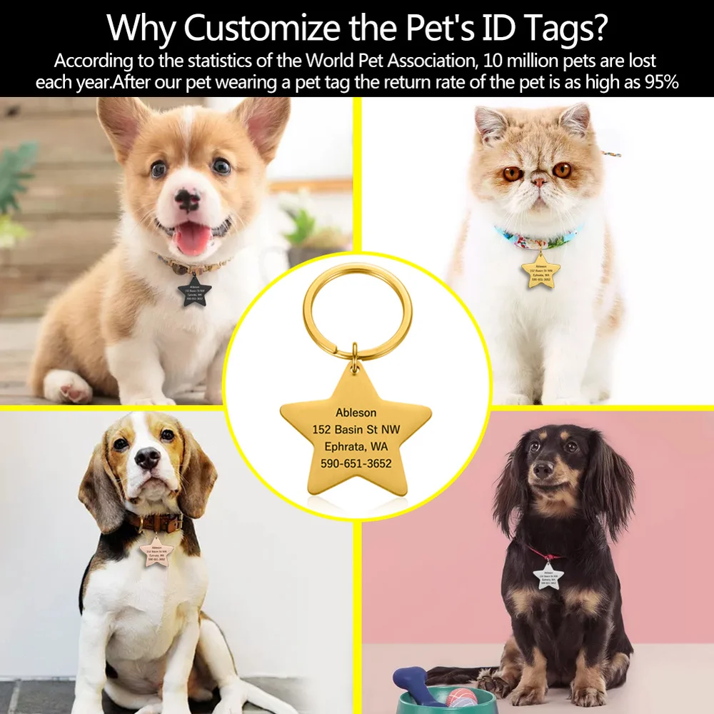 personalized dog tags engraved cat puppy pet id name phone number collar tag pendant pet accessories pentagram dog tag free global shipping