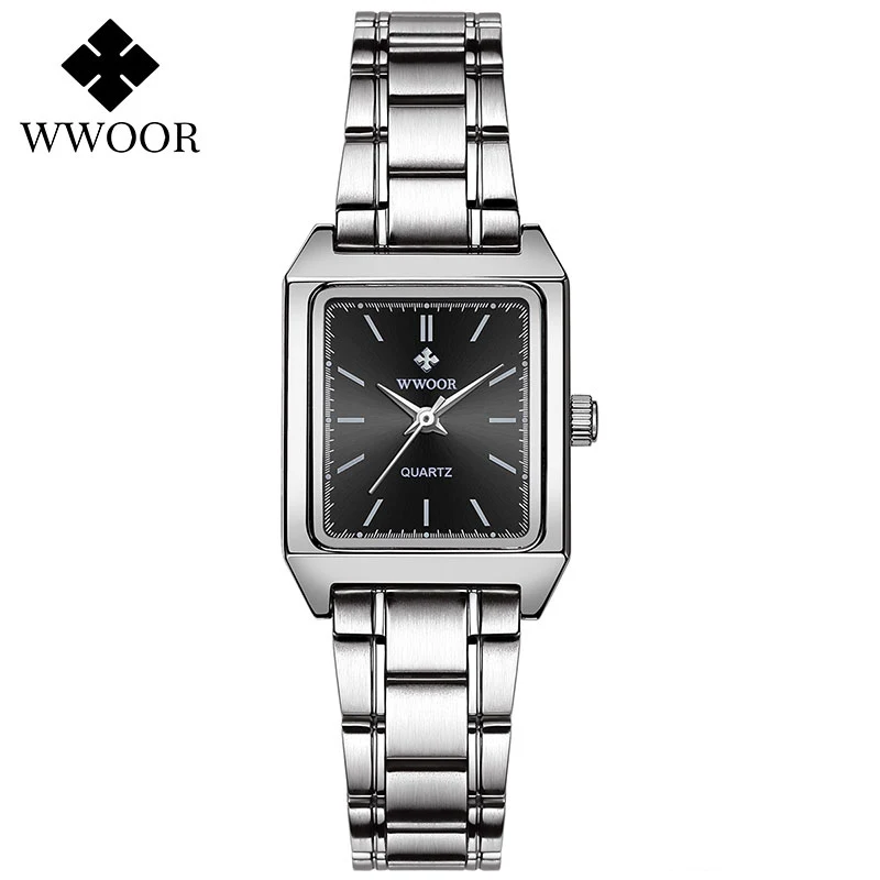 Montre Femme WWOOR для женщин часы лучший бренд класса люкс черный квадратный