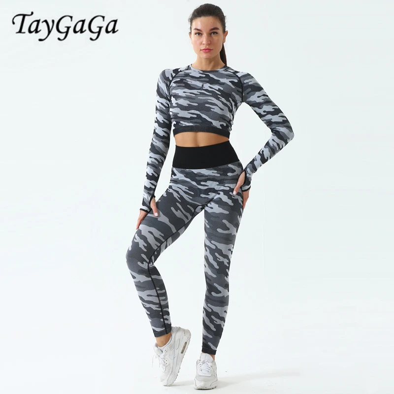Taygaga Women's Camouflage Yoga Sports Fitness Suit Running Quick drying Breathable Hollow Long Sleeve Seamless Yoga Suit Female