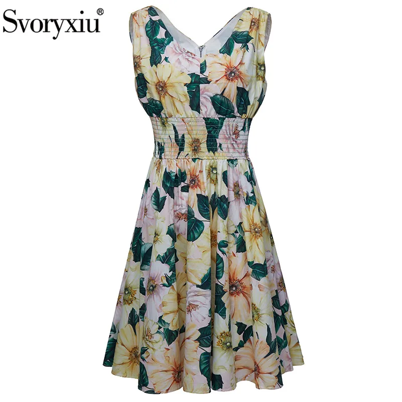 

Женское Короткое платье на бретелях Svoryxiu, подиумное Хлопковое платье с принтом камелии на лето 2021, вечерние платья с v-образным вырезом и эла...