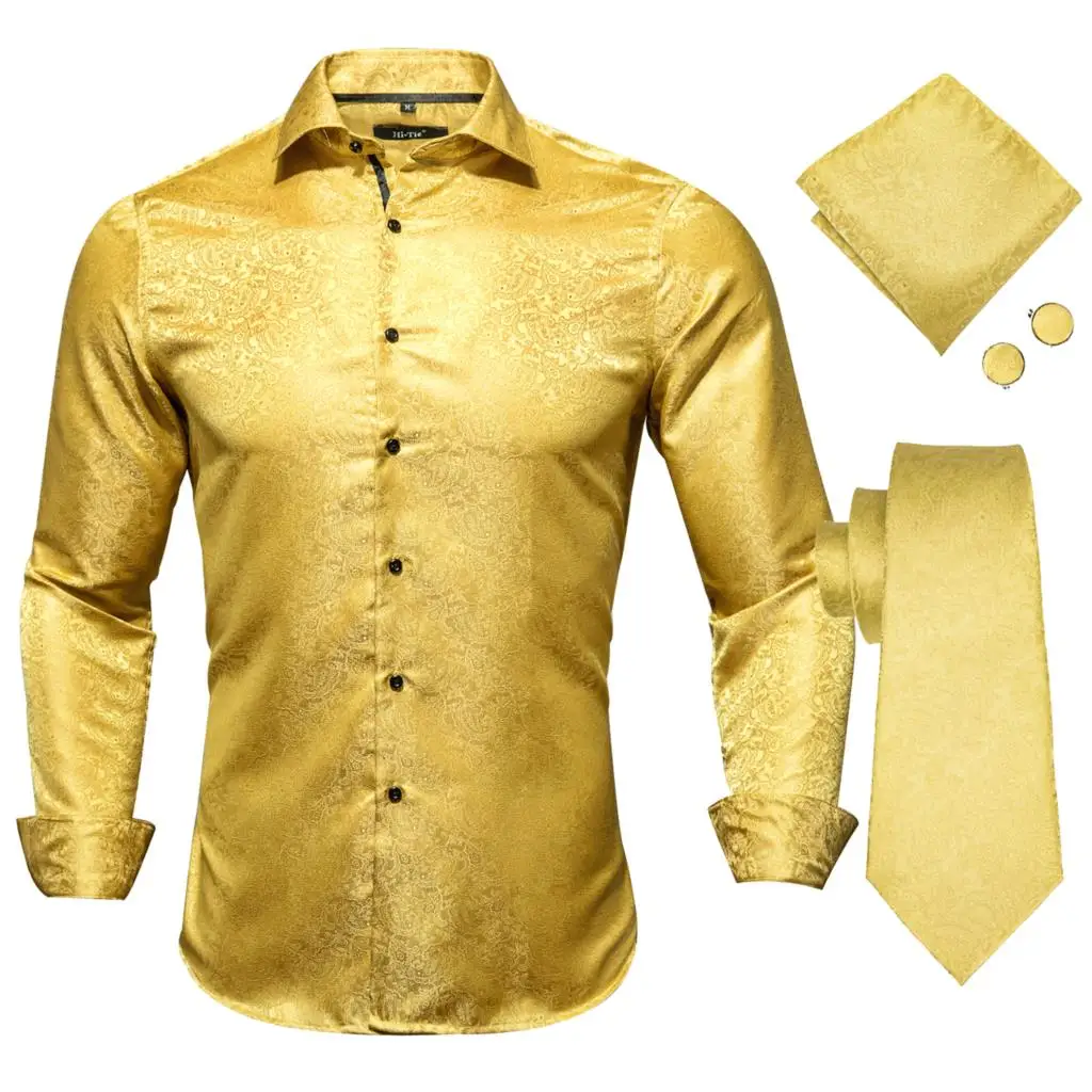 Hi-Tie Luxury Silk Mens Shirts Long Sleeve Black Blue Red Gold Jacquard Shirt Tie Hanky Cufflinks Set For Men Wedding Business