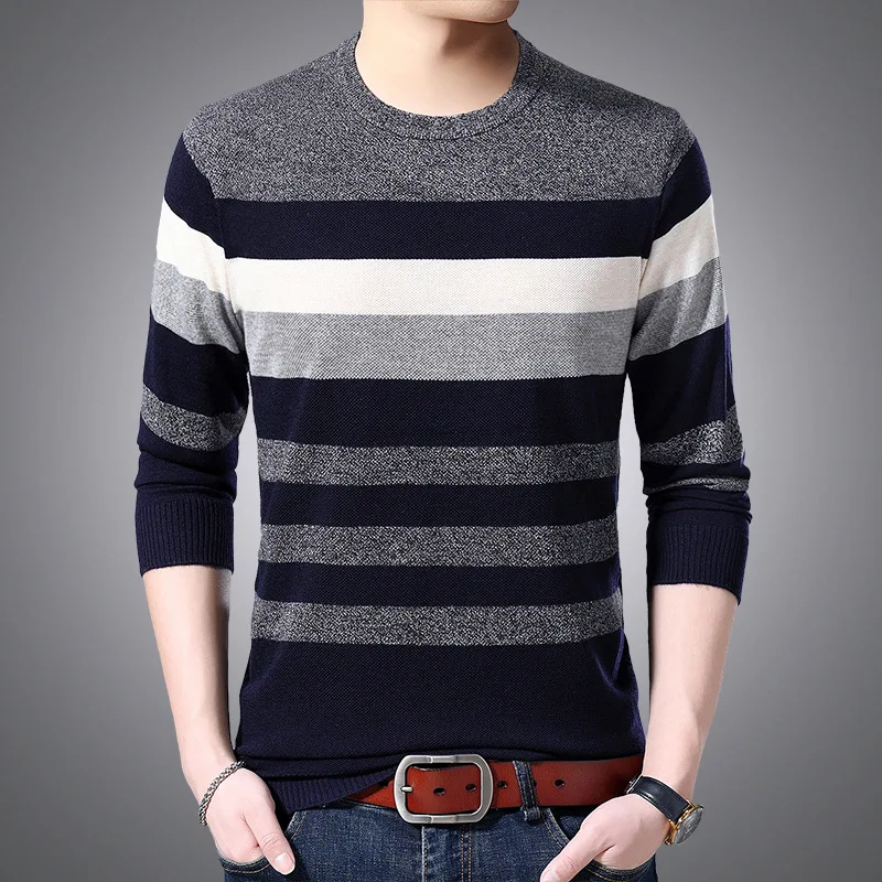 

MLSHP Brand Sweater Men Fashion Casual Striped O-Neck Pull Homme Spring Autumn Cotton Knitwear Pullover Male Clothing 3XL