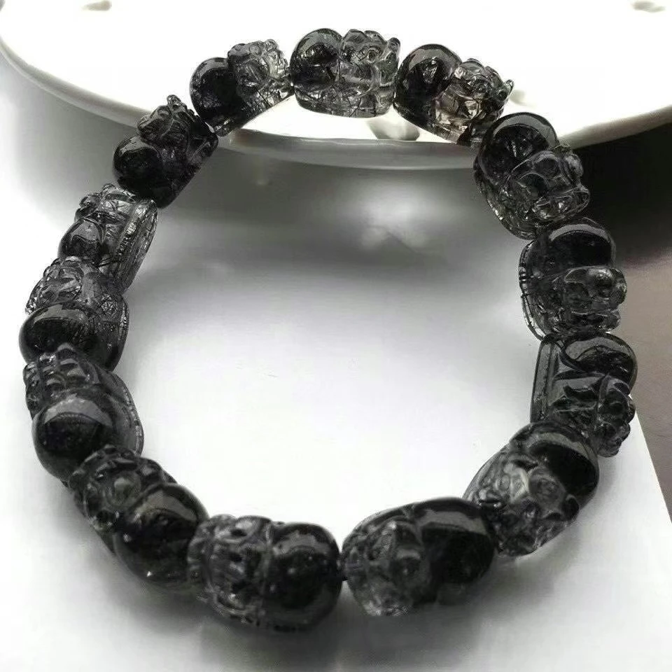 Günstig Natürliche Schwarz Rutilated Quarz Kristall Armband Klar Pi Xiu Geschnitzte Perlen 15x10mm Stretch Frauen AAAAAA Zertifikat