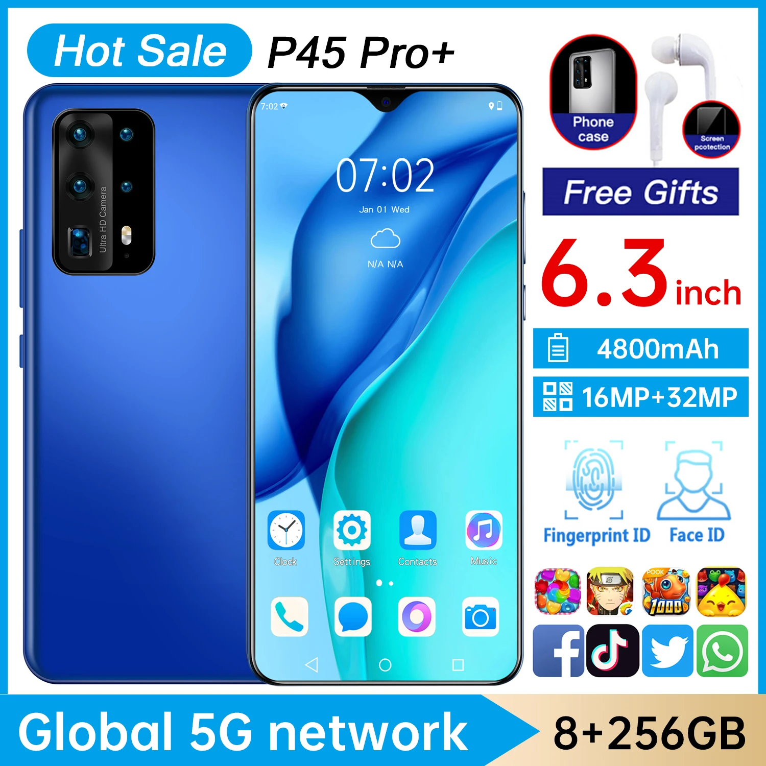 

2021 New Fashion 5G Smartphone 8GB+256GB for Huawei P45 Pro Cellphone Unique Triple Card Slot Design Samsung Xiaomi Mobile Phone