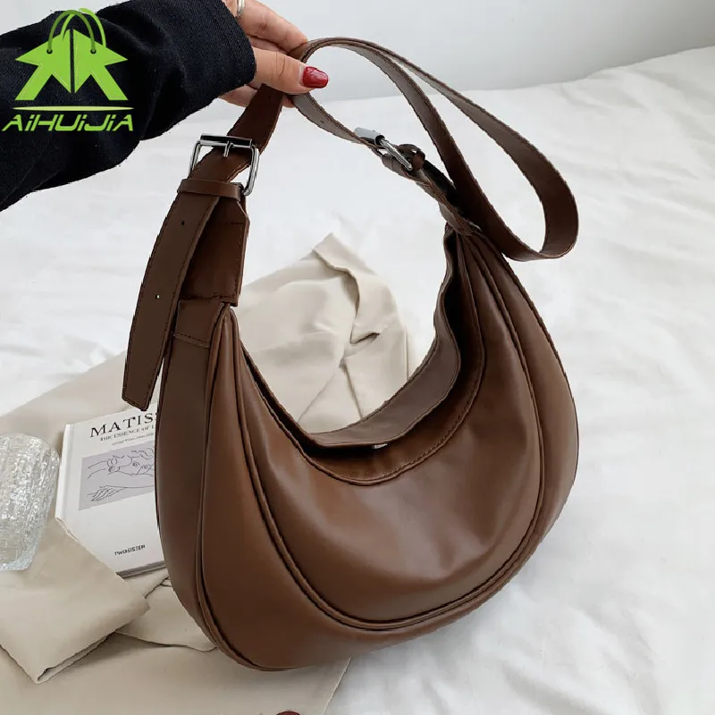 

Luxury Soft Pu Leather Women Handbag High Quality Solid Color Female Messenger Bag Fashion Crescent Shoulder Bags Sac A Main New