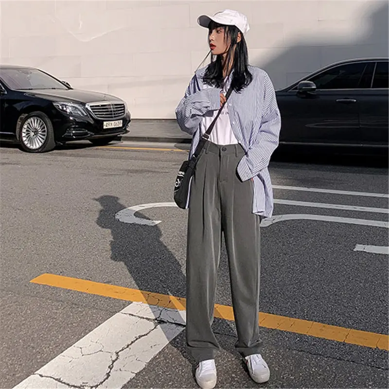 

WICCON 2021 Chic Loose Solid Slim Full Length Wide Leg Pants Plus Size Fashion Straight Brief Slender Casual High Waist Women