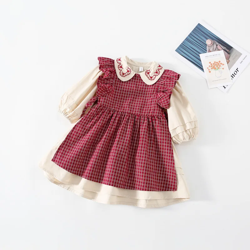 

Koodykids Baby Girls Red Plaid Dresses 2PCS Toddler Vintage Long Sleeve Dress Kids Baby Girls Vintage Princess Dresses 1-5 Years