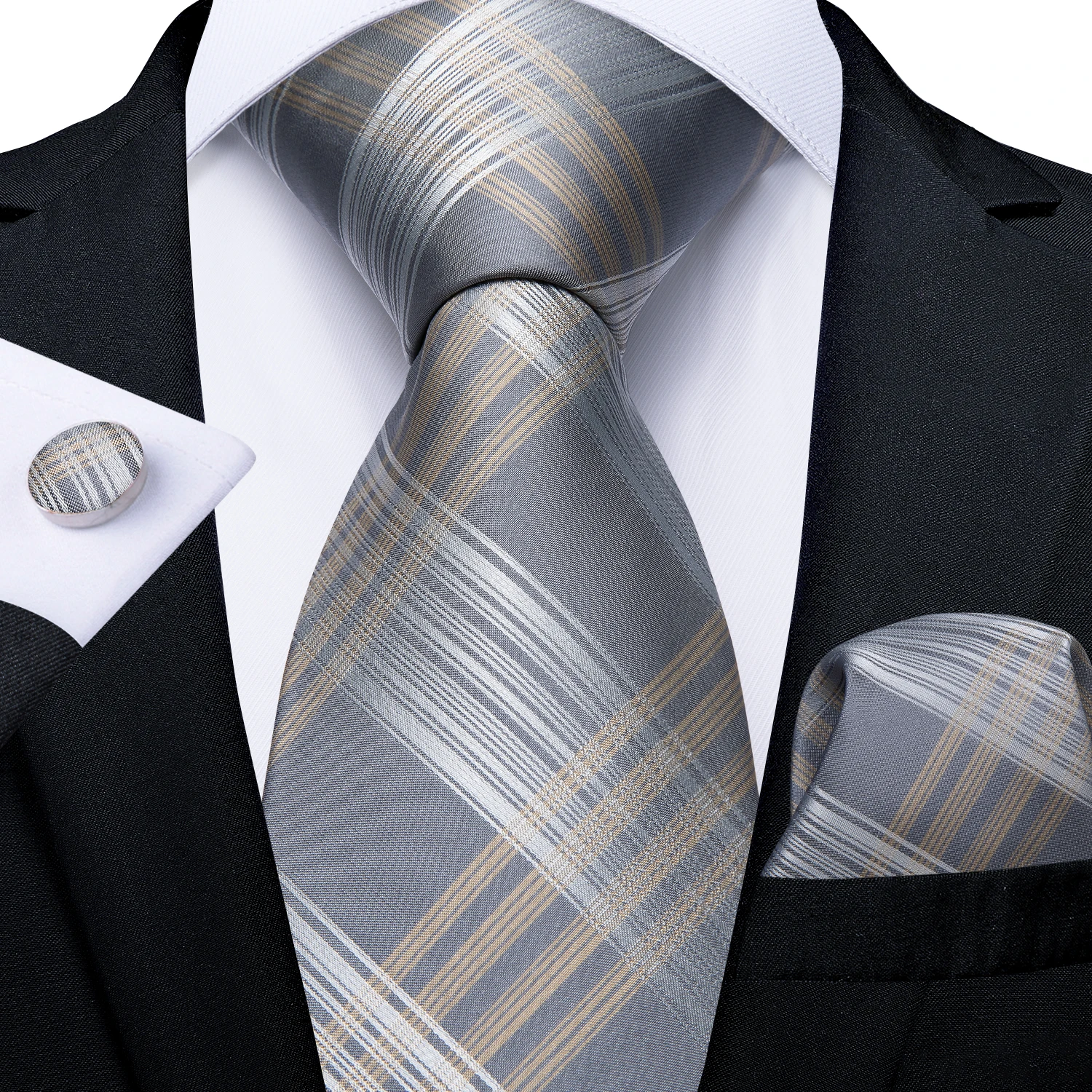 Fashion Men Tie Gold Silver Striped Wedding For Business Dropshipping DiBanGu Designer Hanky Cufflinks Set SJT-7254 | Аксессуары для