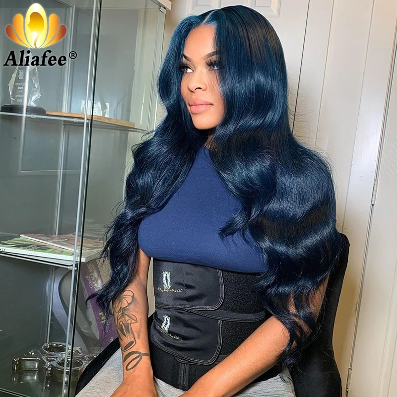 Transparent Night Blue Body Wave Pre-Plucked Human Hair Wigs 180% Remy Hair Lace Frontal Wig With Baby Hair For Women