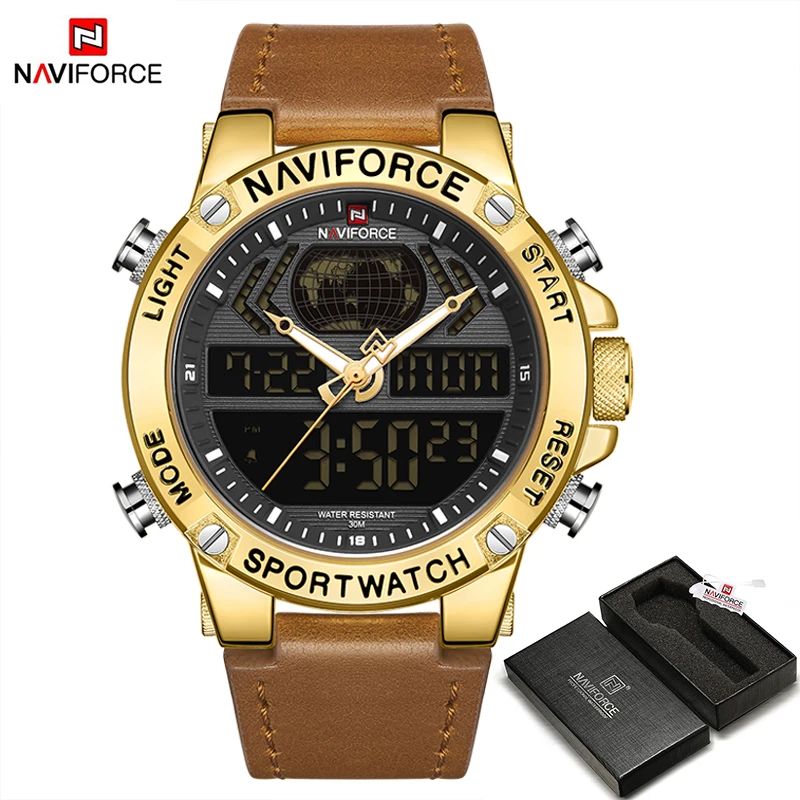 GBLBN BOX NAVIFORCE, роскошные золотые мужские часы, спортивные, светодиодный, цифровые, кварцевые часы, военные, кожа, водонепроницаемые часы для мужчин, Relogio Masculino - Цвет: GBLBN BOX
