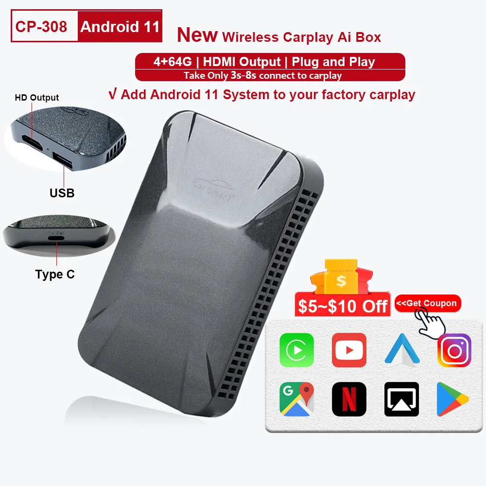 

New Wireless CarPlay Ai Box Android 11 Applepie 4+64G Android Auto Car Multimedia Plug Play Youtube Netfix For Benz Audi Nissan
