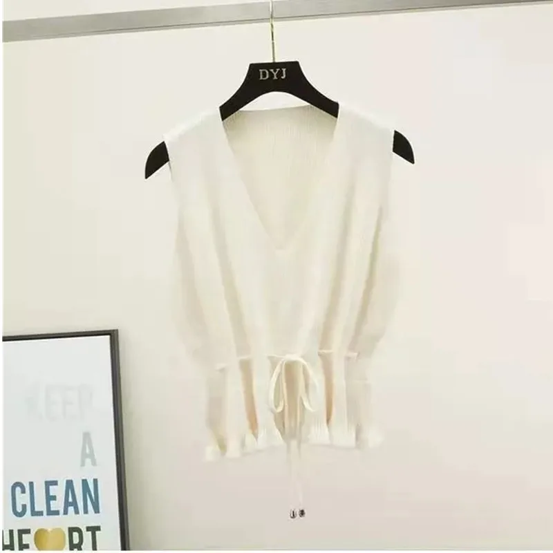 

Loose Sleeveless Knitted Sweater Vest Female V-neck Lace Up Waist Bow Frill Pullover Tops Vest Women 2020 Spring Autumn Clothes