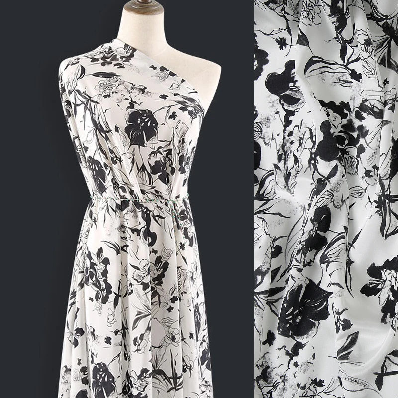 

140CM 16MM Black Floral Print White Silk Crepe De Chine Fabric for Summer Dress Blouse Skirt Shirt Pants Y004