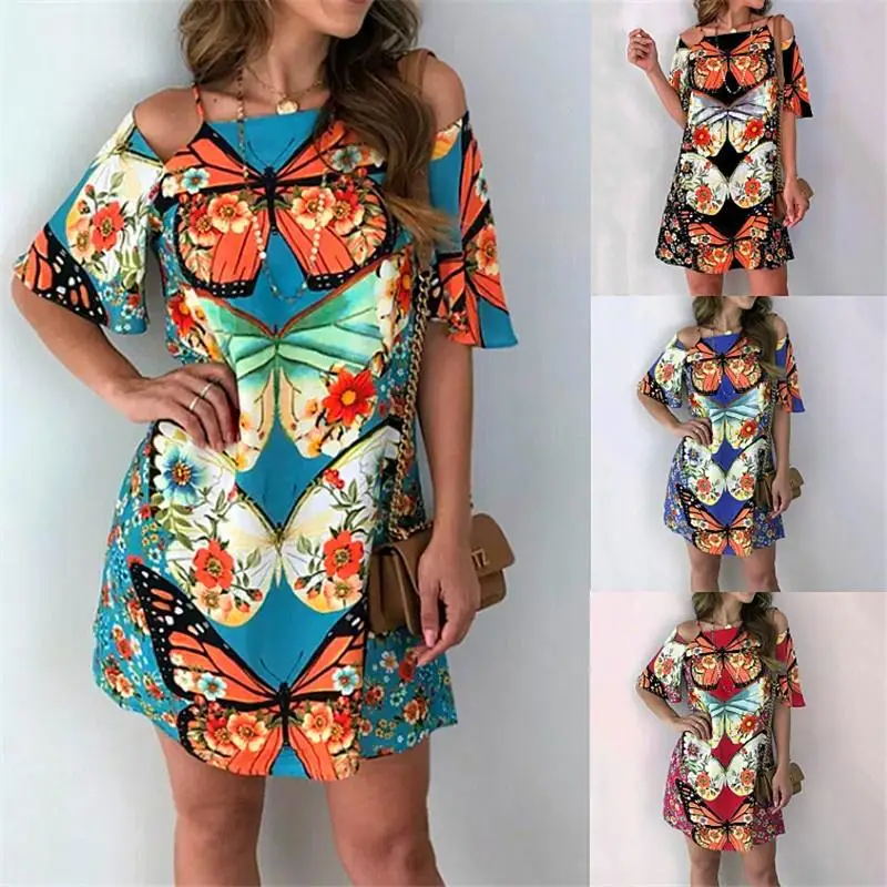 

Dresses for Women Plus Size Summer Fashion Womens Clothing Butterfly Print Back Cutout Bandage Short Sleeve Casual Dress