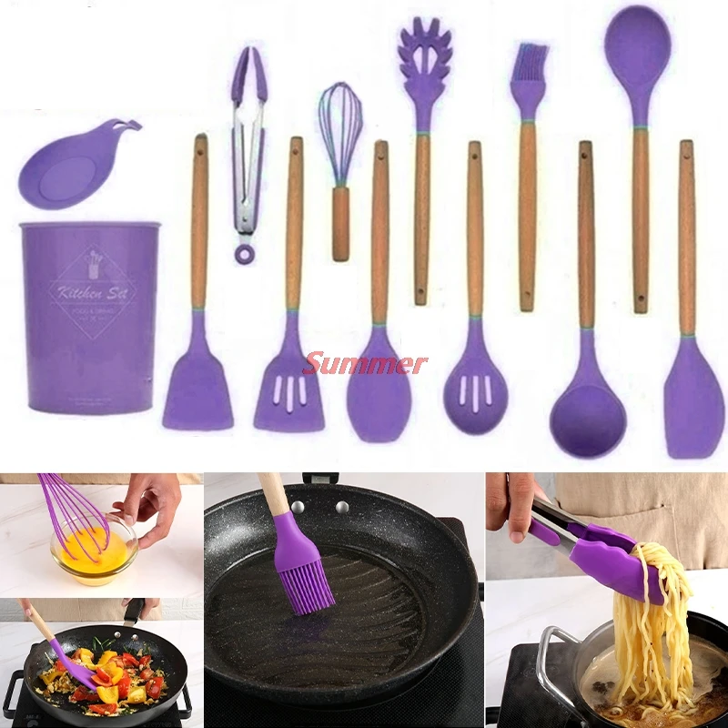 

New Purple Silicone Cooking Utensils Set Non-stick Spatula Shovel Wooden Handle Cooking Tools Set Special Heat-resistant Design