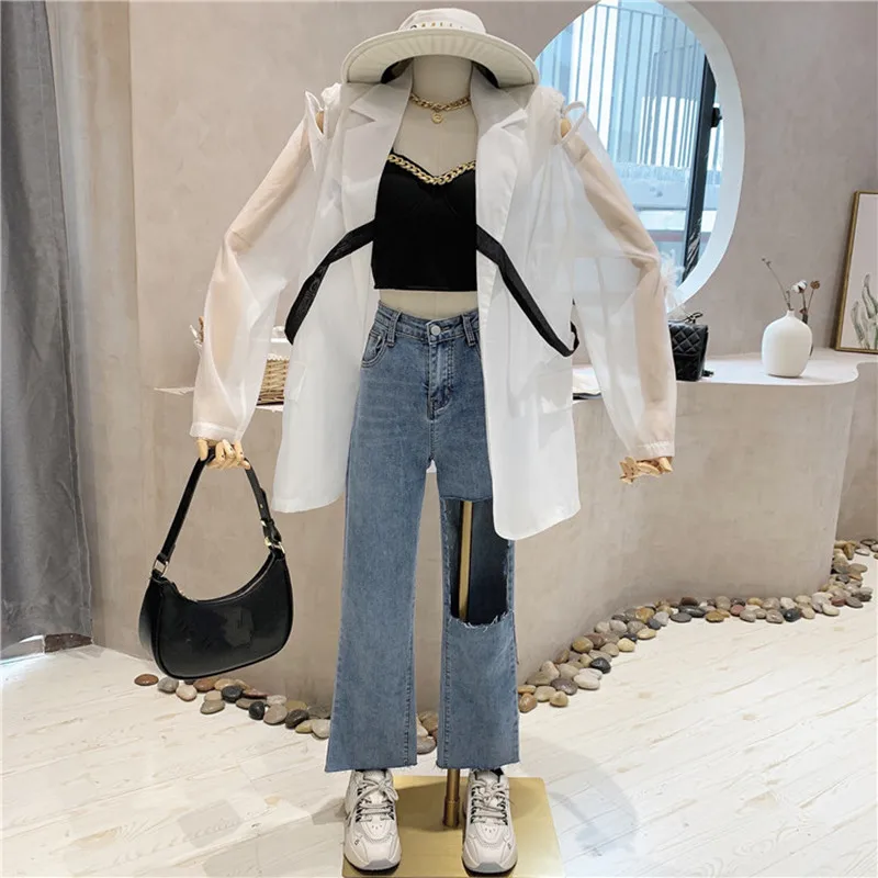 

New Women's Clothing Summer 2021 Fashion high waisted slim loose drop straight Ninth pants Hole wide leg jeans