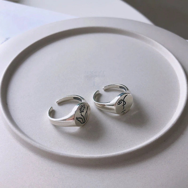 LouLeur 925 пробы серебряные кольца для женщин круглая скульптура человеческое лицо цветок уникальные кольца для сестры элегантные серебряные 925 ювелирные изделия