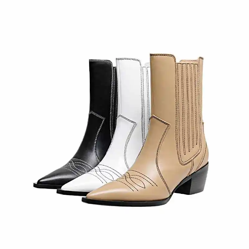 

Vichelo Hot new western boots real cow leather three colors french pointed toe thick high heel slip on modern mid-calf boots L19
