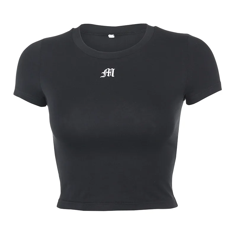 

Hot European and American Style Navel Slim Letter Embroidered Short-Sleeved Women's BaseT-shirt Top Cotton Casual O-Neck Solid