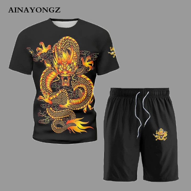 Super Cool Summer Men Short Set Chinese Dragon Print Outfit 2022 New Fashion Emperor's Clothes Male Casual T-Shirt Shorts Suit