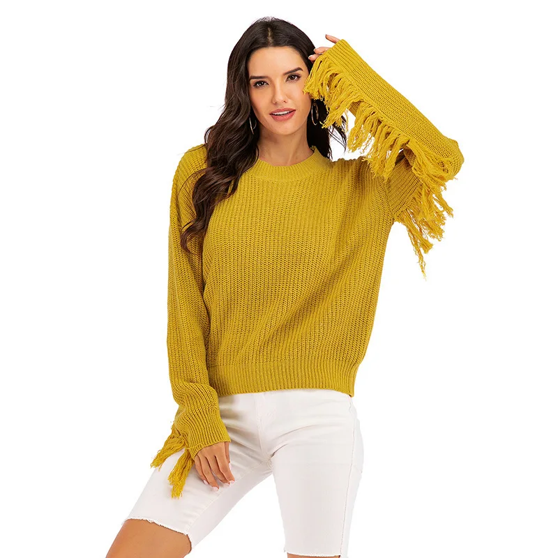 Женский пуловер с длинным рукавом повседневный желтый свитер круглым вырезом и