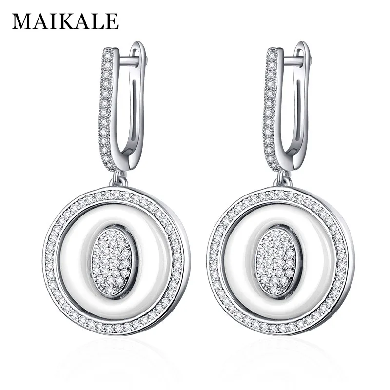 silver white MAIKALE, трендовые Простые керамические висячие серьги, высокое качество, медь AAA, кубический цирконий, позолоченные, большие серебряные серьги для женщин - Окраска металла: silver white