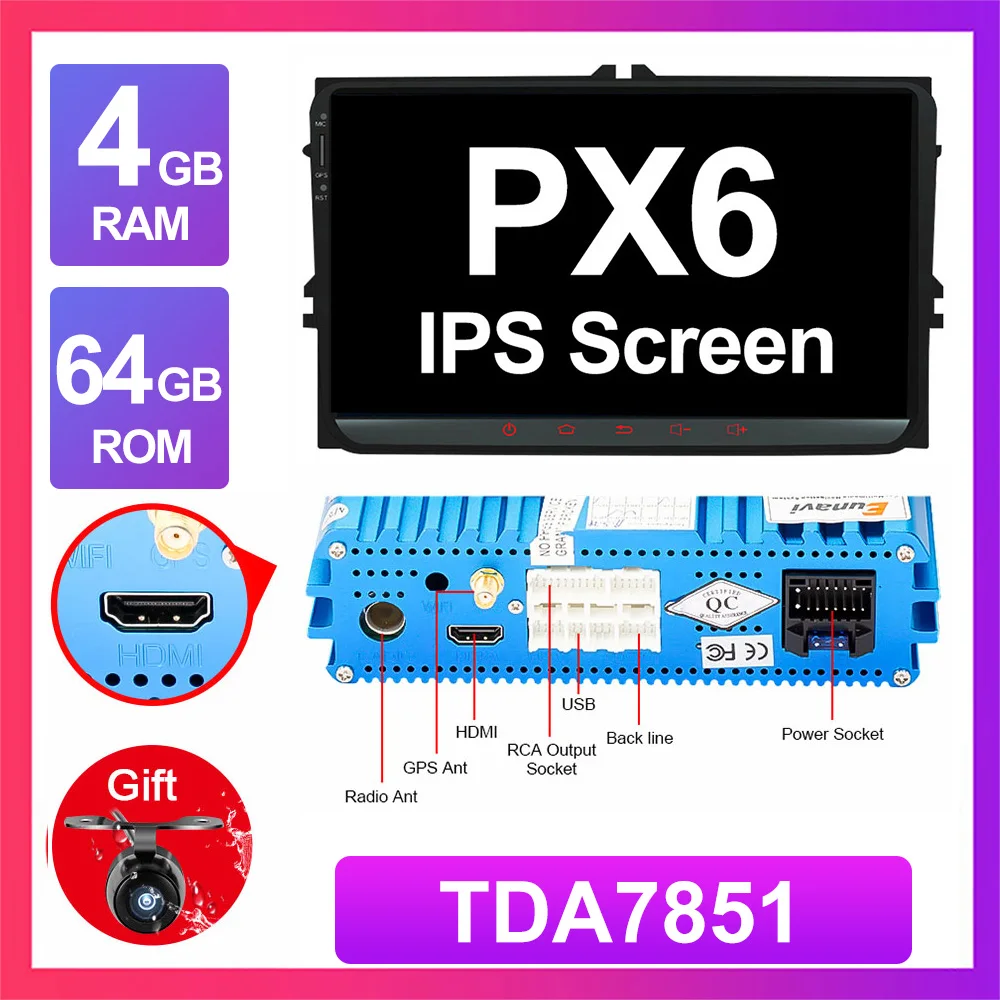 4G 64G PX6 Eunavi 4 г 64 г Android 9 2 Din автомагнитола Стерео gps для VW Passat B6 CC Polo GOLF 5 6 Touran Jetta Tiguan Magotan сиденье DSP без DVD - Цвет: 4G 64G PX6