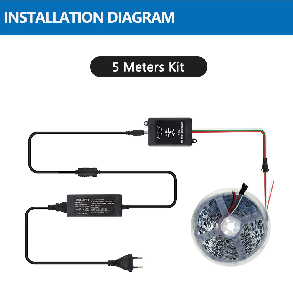 

5Meters Music Kit Sp106e 9key Remote Music Controller To 5m 12V 5050 RGB Strip 2811 1903ic Led Strip Tape 12V 3A 5A Power Supply