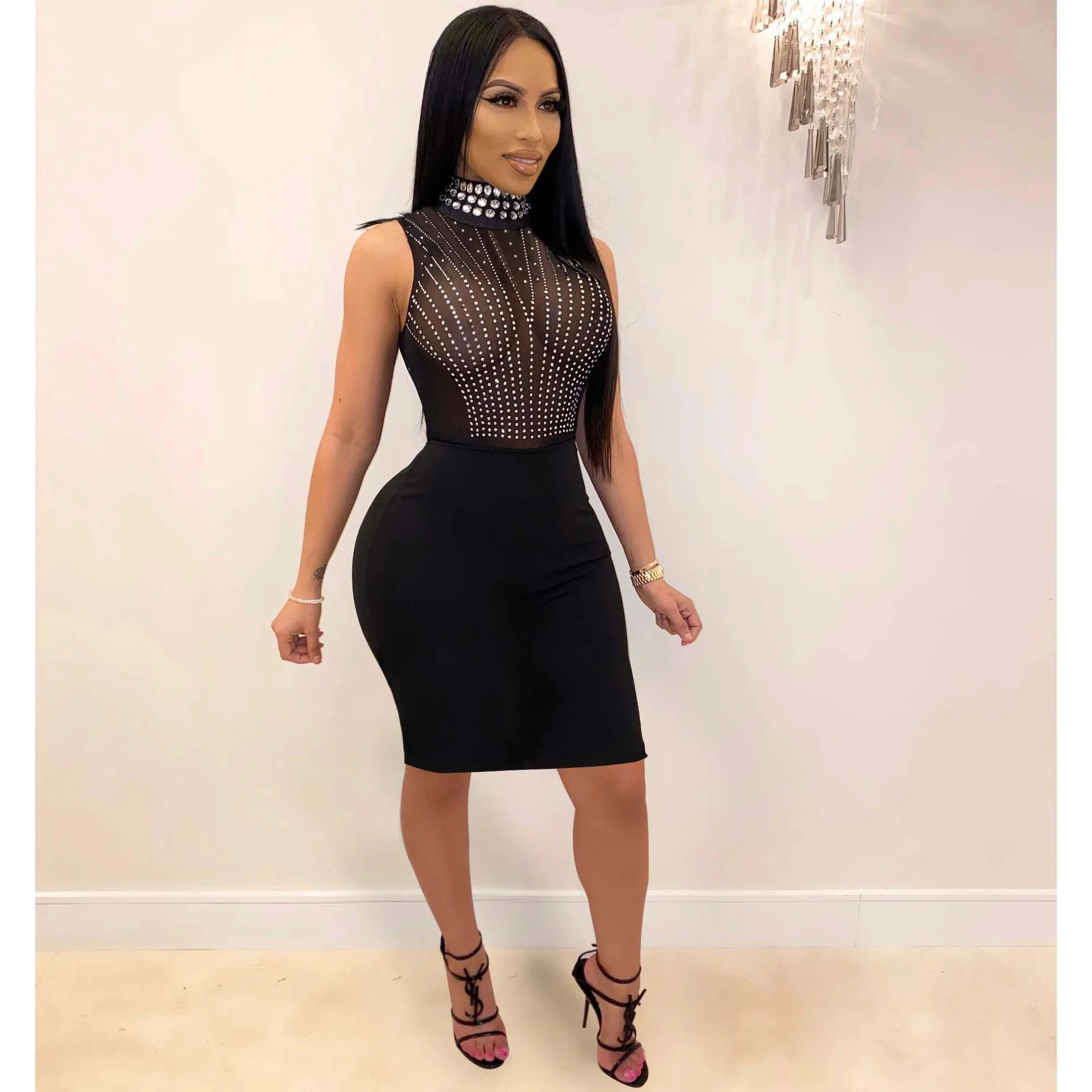 Прозрачное Сетчатое платье мини с высоким воротником без рукавов|Женские платья|