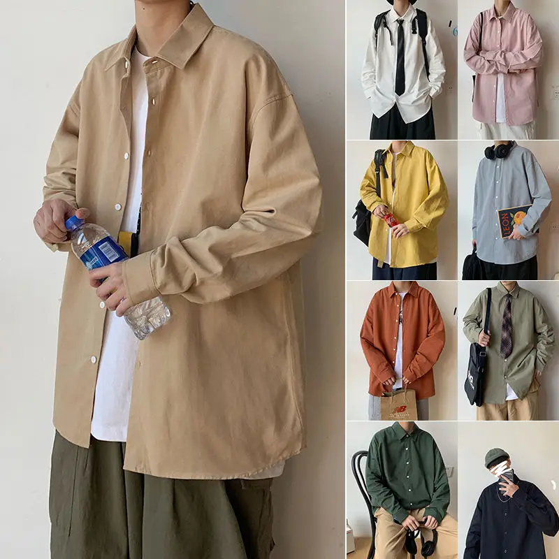 2020 Men's Fashion Trend Loose 10 Solid Color Cotton Long Sleeve Hawaiian Shirt French Cuff Mens Shirts Camisa Masculina M-5XL | Мужская