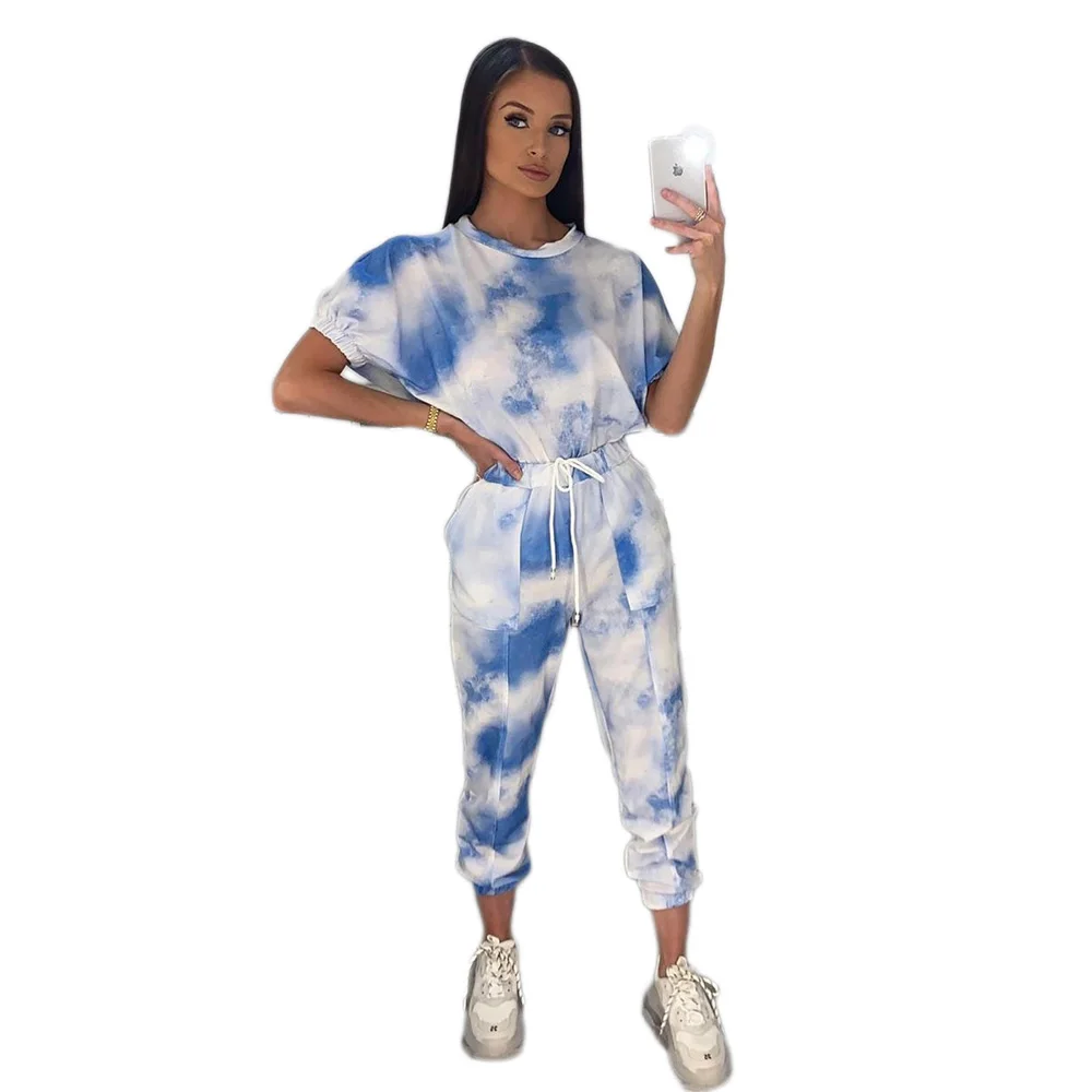 

Plus Size Tie Dye Two Piece Tracksuit Women's Set O Neck Short Sleeve T Shirt And Long Jogger Pant Streetwear 2 Piece Sweatsuit