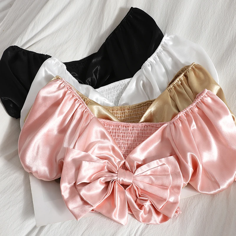 

Sexy V-neck Off Shoulder Backless Short Tops Mujer Elegant Bow Tie Satin Blouse Women Summer Puff Sleeve Pink White Women Shirt