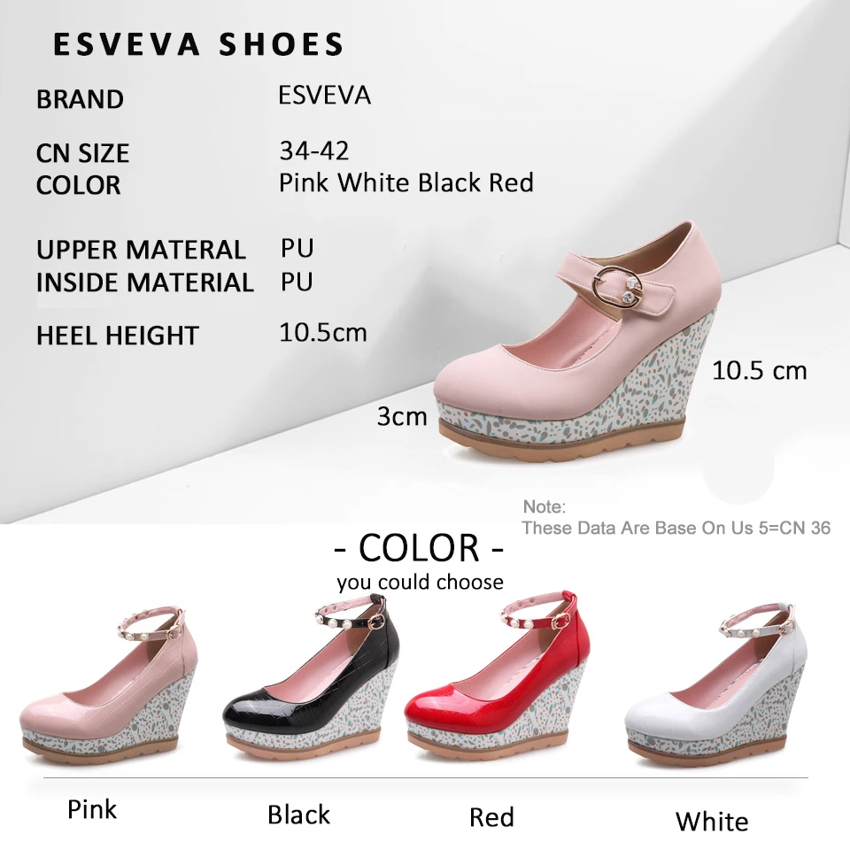 ESVEVA 2018 Women Pumps Wedges Heels PU Leather Buckle Strap Round Toe High Platform Shoes for Size 34-42 | Обувь