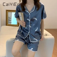 caiyier new summer feather printing pajamas turn down collar women cartoon home suit shirtsshorts sweet girl casual sleepwear