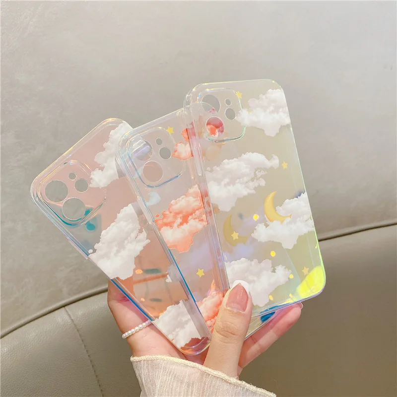 

Luxury Gradient Laser Clouds Phone Case For iPhone 13 12 11 Pro Max X XR XS 8 7 Plus Clear Hard Back Cover Coque Fundas